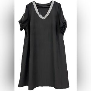 Loose Comfy V Neck Short Sleeve Bow Off Shoulder Midi Sequin Dress Boho Size XXL